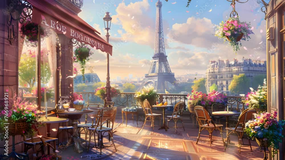 Quaint street scene painting capturing a charming cafe and the magnificent Eiffel Tower in the distance. Seamless Looping 4k Video Animation