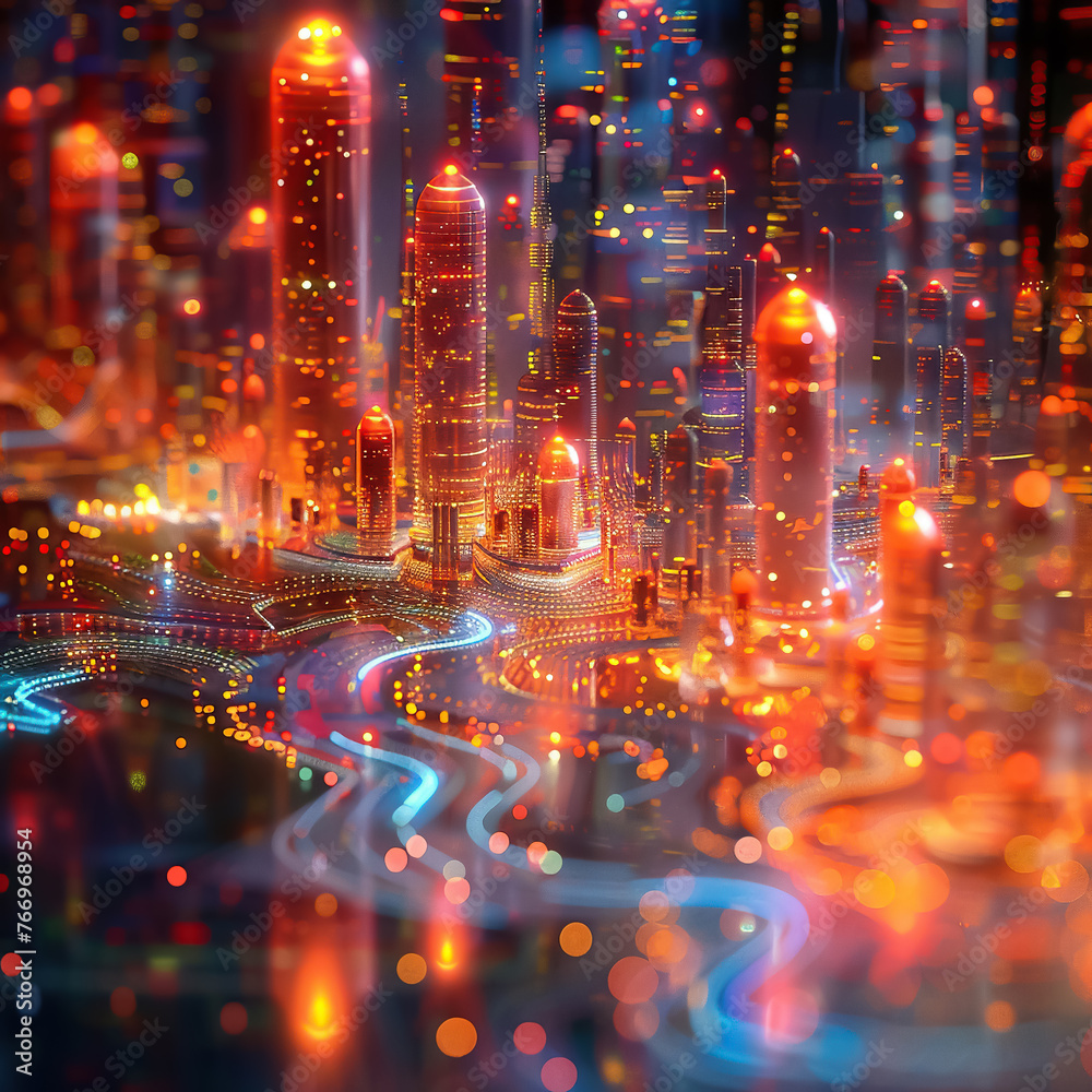 Fototapeta premium Neural Utopia, Holographic projection, A futuristic cityscape crafted from thoughts, a utopia of limitless possibilities 3D Render, Backlights, Chromatic Aberration