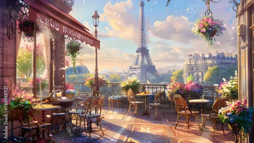 Quaint street scene painting capturing a charming cafe and the magnificent Eiffel Tower in the distance. Seamless Looping 4k Video Animation photo