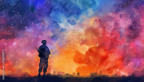 A man in a military uniform stands in front of a colorful sky with stars photo