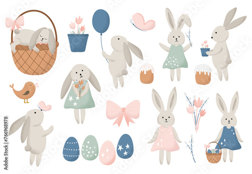 Cute Easter Bunnies Illustration Vector Set, Spring Bunnies Collection