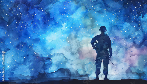 A man in a military uniform stands in front of a colorful sky with stars © terra.incognita