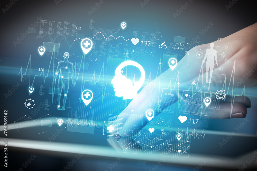 Close-up of a touchscreen with healthcare icons Close-up of a touchscreen with healthcare icons