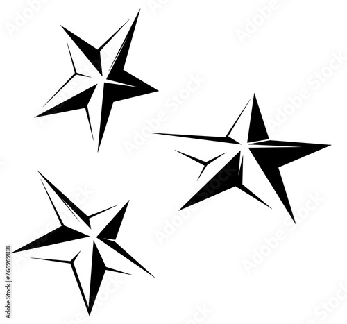 Three stylish five-pointed stars. Black stars. 