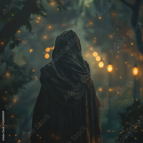 wearing a flowing robe, predicts the fate of a weary traveler at a dimly lit crossroads The air is heavy with anticipation, setting the stage for a life-altering prophecy