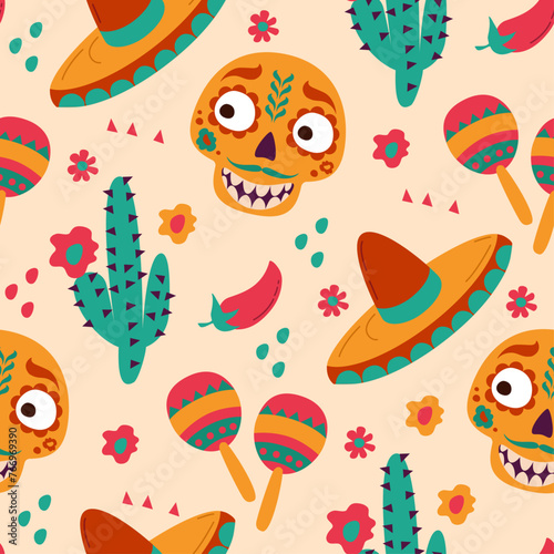 Vector mexican seamless pattern with sugar calavera skulls and floral elements © Elizaveta