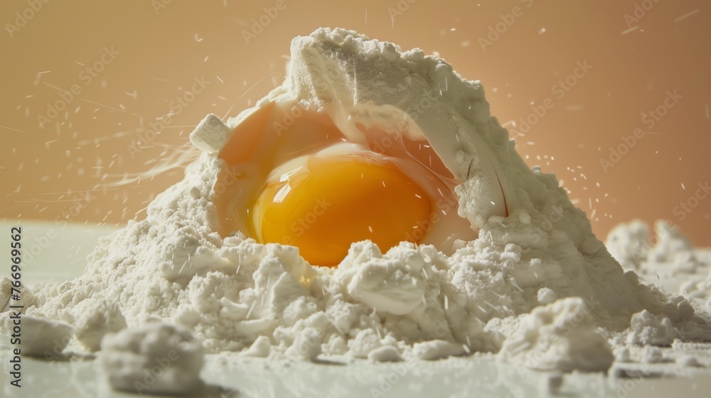 Preparation of healthy food, pasta or bread, with a fresh egg cracked into flour for dough. Homemade cooking and nutritious ingredients coming together for a wholesome meal. Preparation of healthy food, pasta or bread, with a fresh egg cracked into flour for dough. Homemade cooking and nutritious ingredients coming together for a wholesome meal.