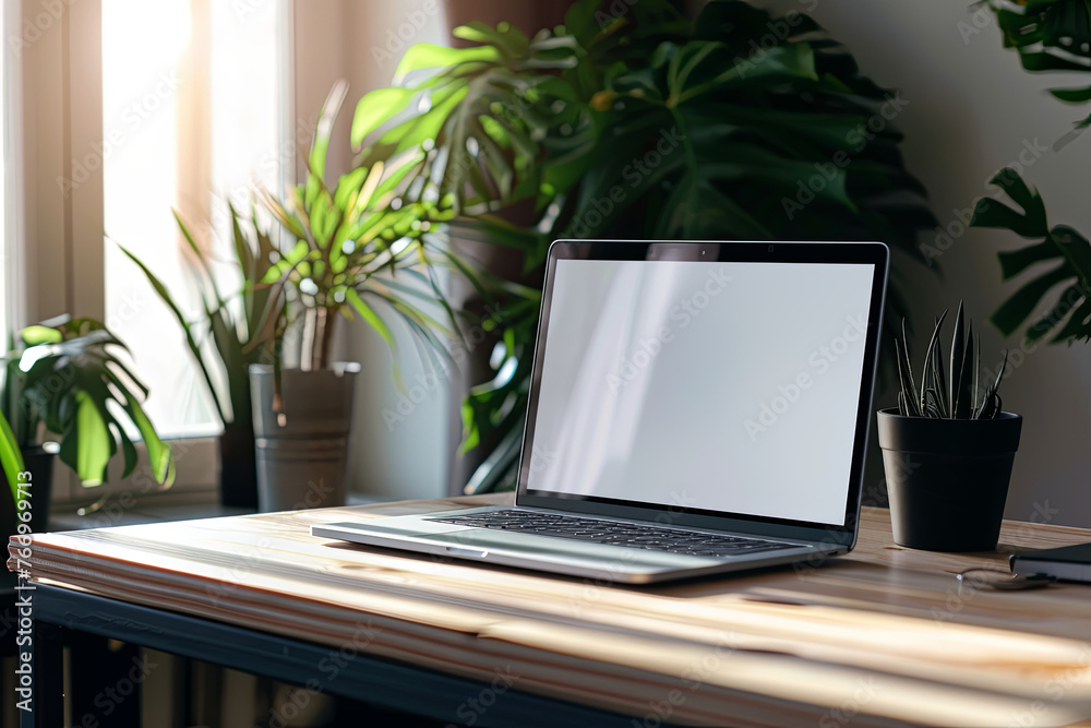 An ideal workspace setup, featuring a laptop with a blank screen for mockups, positioned on a wooden desk An ideal workspace setup, featuring a laptop with a blank screen for mockups, positioned on a wooden desk