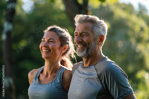 Smiling senior couple jogging in the park © Sergei