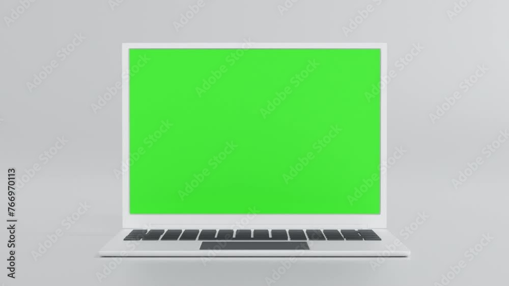 Laptop open to show green screen and zoom close up display, application website presentation, 3D rendering 4K UHD.