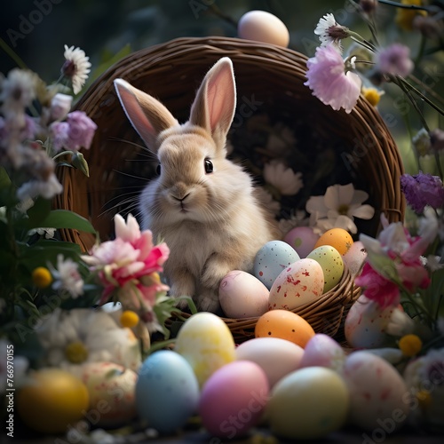 Easter bunny with colorful Easter eggs and flowers.