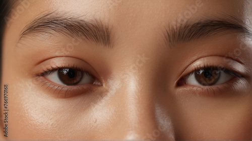 Close up of beautiful Asian woman's brown eyes with eyelash and brow lift.	 photo