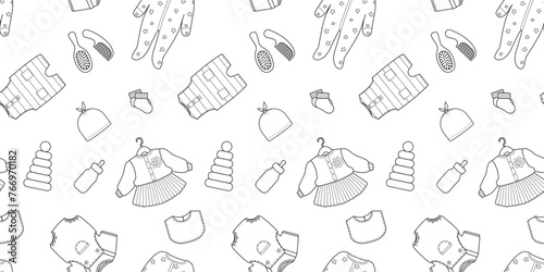 Horizontal seamless pattern with doodle outline of baby clothes and newborn accessories. Minimalistic vector illustration of the background for the website
