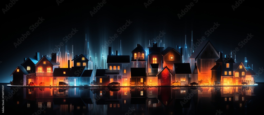 Night city with houses and reflection on the water