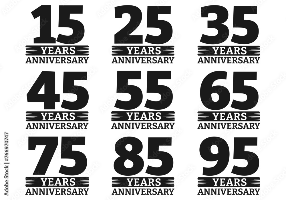 Anniversary icon or logo set. 15, 25, 35, 45, 55, 65, 75, 85, 95 years. Birthday celebrating, invitation, jubilee design element. Vector illustration. Anniversary icon or logo set. 15, 25, 35, 45, 55, 65, 75, 85, 95 years. Birthday celebrating, invitation, jubilee design element. Vector illustration.