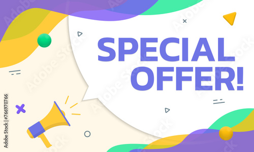 Special offer banner. Sale, promotion banner or poster concept with abstract background, megaphone and speech bubble. Vector illustration.