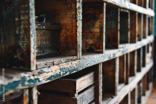 Rustic Dusty Wooden Shelves  A Derelict Display of Empty Crates and Boxes