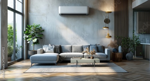 Stylish Living Room: Air Conditioner for a Cool and Comfortable Home © AIGen