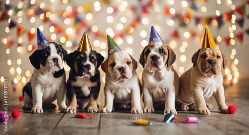 Puppy Party: Celebrating 2024 with Adorable Beagle and Bulldog Friends in Festive Costumes