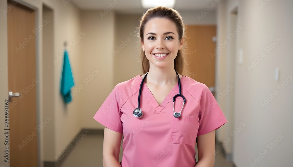 female doctor standing in a hospital, pink suit doctor, nurse in hospital, care job female doctor standing in a hospital, pink suit doctor, nurse in hospital, care job