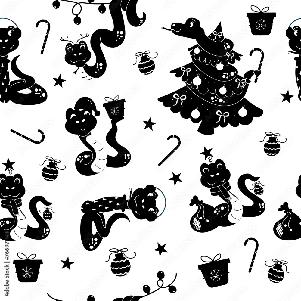 Obraz premium Seamless pattern silhouette character christmas snake hand drawn