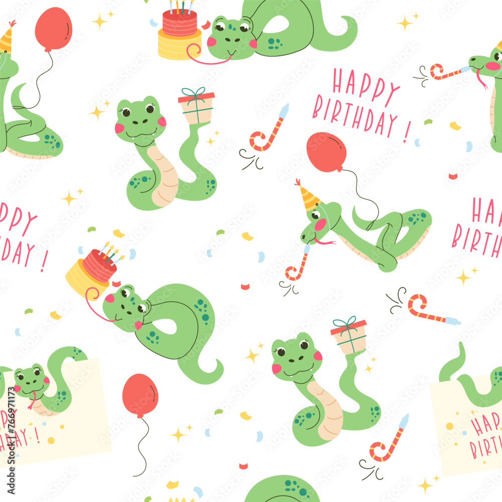 Fototapeta premium Seamless pattern character birthday snake hand drawn