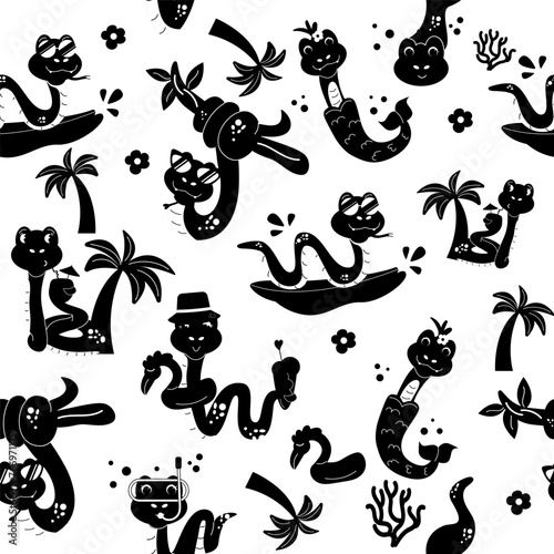 Seamless pattern silhouette character summer snake
