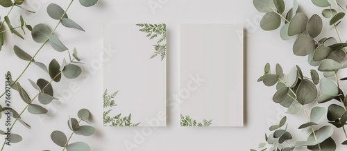 Two mockups of wedding invitation cards sized at 5x7 on a neutral grey background featuring eucalyptus leaves. Additionally, a minimal blank card mockup for a bridal shower, a thank you card, photo