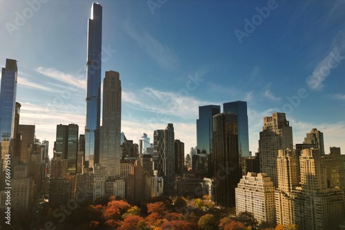 Autumn Central Park in New York with skyscrapers view from drone. Aerial of NYC Central Park panorama in Autumn. Autumn in Central Park. Autumn NYC. Central Park Fall foliage.