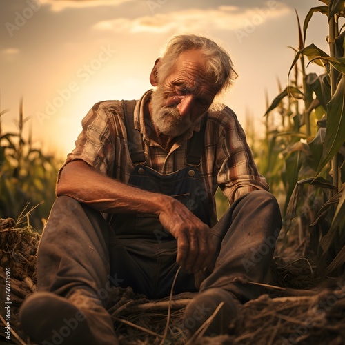 Old farmer tired after working in the field. © LUBKA