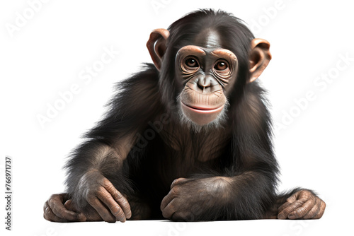 Chimpan Sitting on Ground With Hands on Knees. On a Clear PNG or White Background.