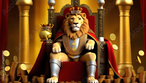 A lion sitting on a throne with coins at his feet and a bag of coins next to him