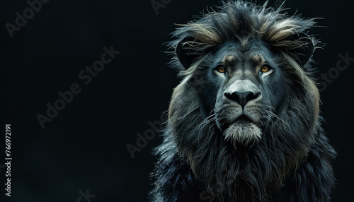 A lion with a black mane and a black face
