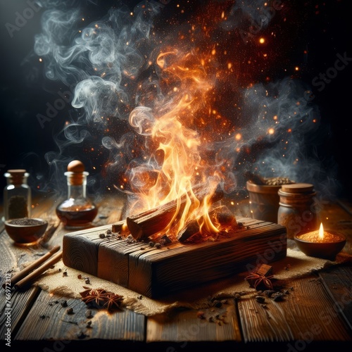 The primal dance of flames on wooden logs creates an atmosphere of ancient mysticism. Sparks fly as if weaving spells, surrounded by the dark alchemy of aromatic smoke and glowing embers. AI