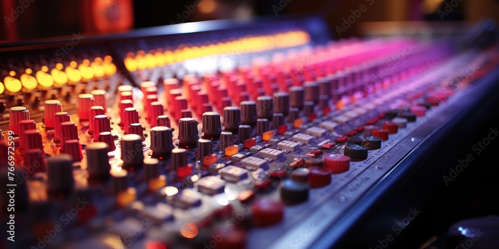A sound mixing console covered in various knobs for adjusting audio levels and settings