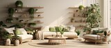 Living room interior with beautiful different potted green plants and furniture