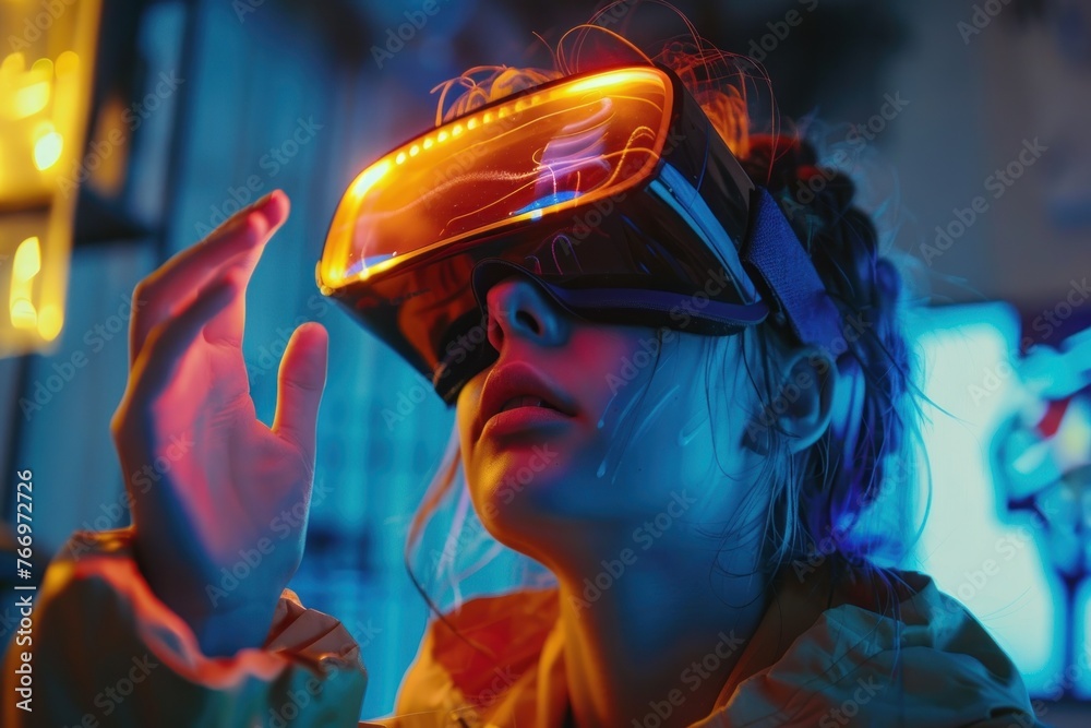 A woman wearing a virtual reality headset is looking at a screen. Concept of excitement and anticipation as the woman prepares to immerse herself in a new experience