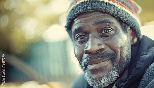 A man with a black hat and a white beard is looking out the window