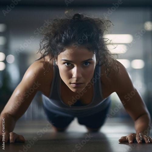 Portrait of a beautiful young woman doing push-ups in the gym