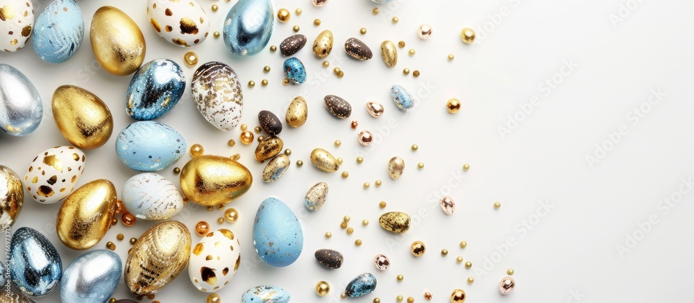 Stylish frame with a background featuring quail, gold, and blue Easter eggs, along with space for text. The design is set against a white background and presented in a flat lay, top view,