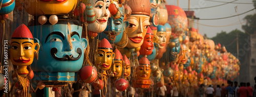 wide background banner of Colorful human face mask dummies hanging on streets in Hindu cultural event Dussehra festival photo