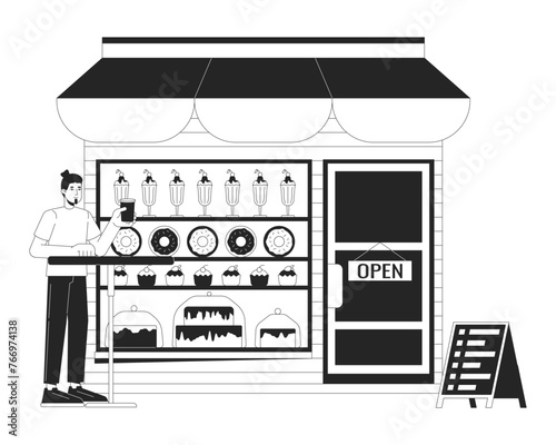 Man drinking coffee in confectionery shop black and white 2D line cartoon character. Customer male at dessert store isolated vector outline person. Small business monochromatic flat spot illustration