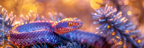 A purple snake coiled up on a pine branch on a starry night background. Snake - symbol of 2025 year. New year greeting card.