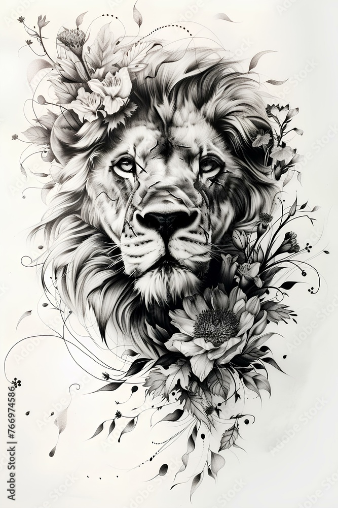 Obraz premium black and white lion with floral ornament illustration