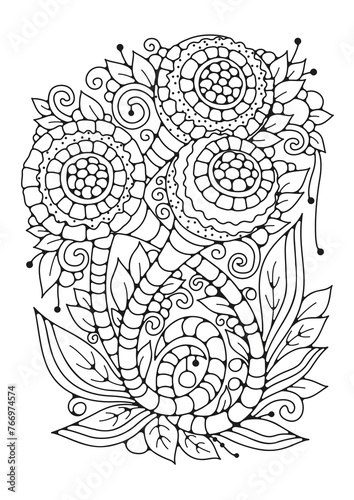 Coloring page with fantasy flowers, coloring background for children and adults. Art line, art therapy.
