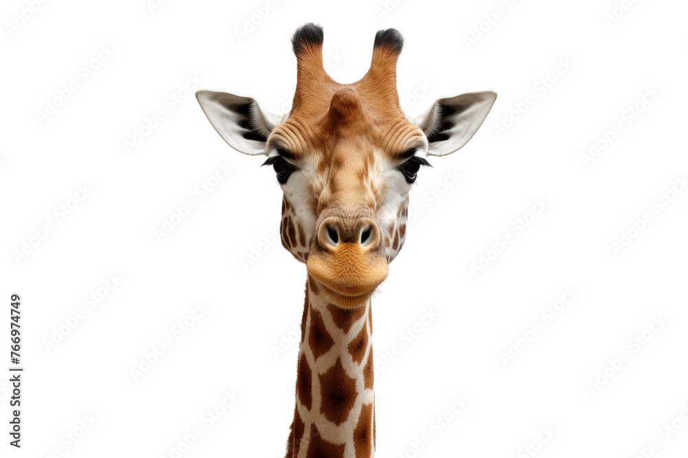Close Up of Giraffes Head on White Background. On a Clear PNG or White Background.