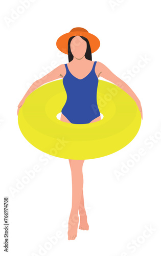 Young girls playing with inflatable ring and posing.  Vector illustration design.