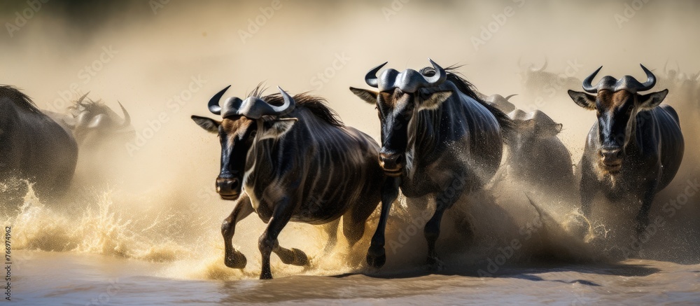 Wildebeest crossing the Mara River during the annual great migration