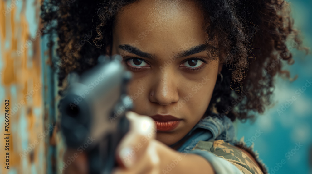 Woman aiming a gun with focus. Woman aiming a gun with focus.