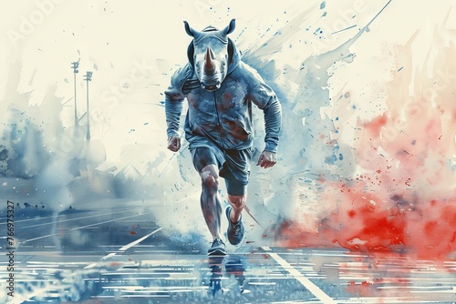 A man with an amputated leg wears a rhinoceros face mask while running